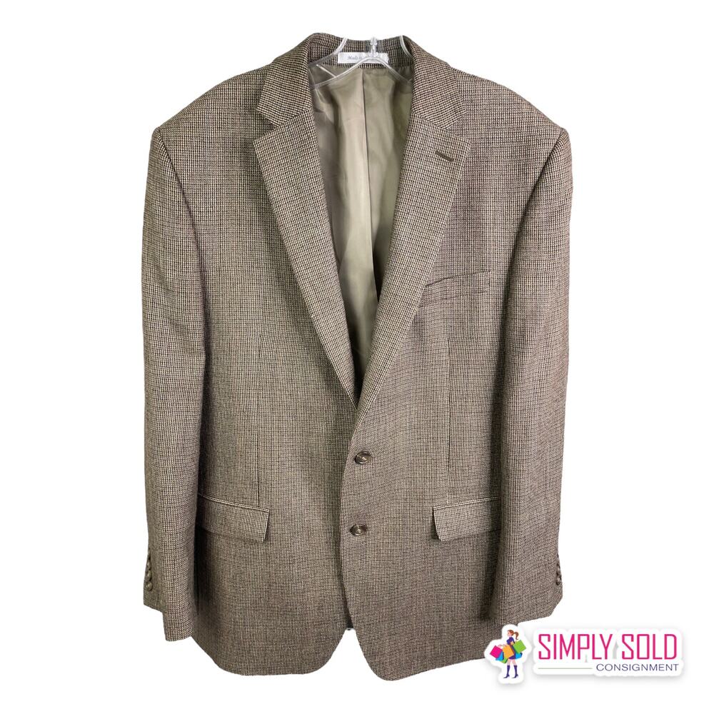 Chaps Men’s 42 L Blazer Suit Jacket Two-Button Beige Wool‎ Houndstooth Tweed